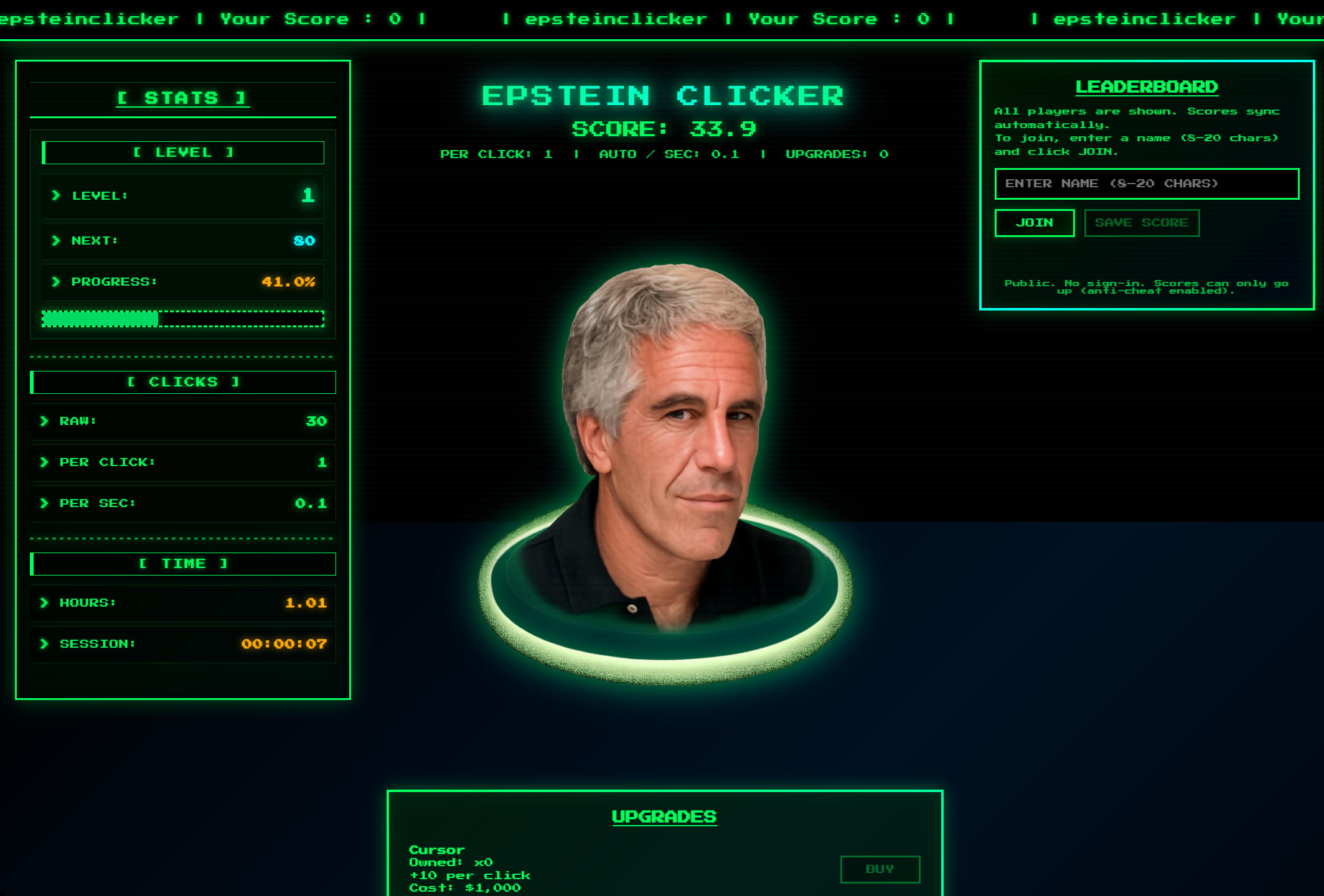 Epstein Clicker gameplay screenshot