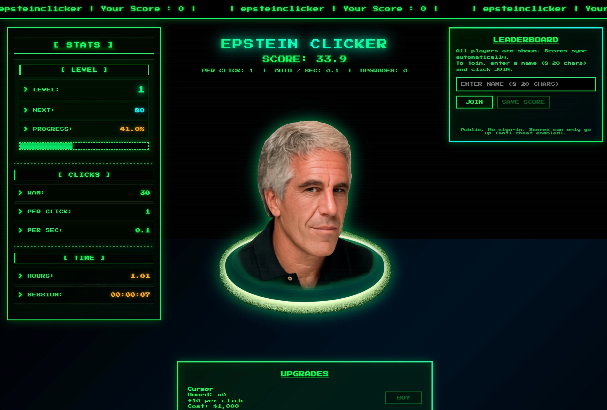Epstein Clicker screenshot with the clicker interface and upgrade systems