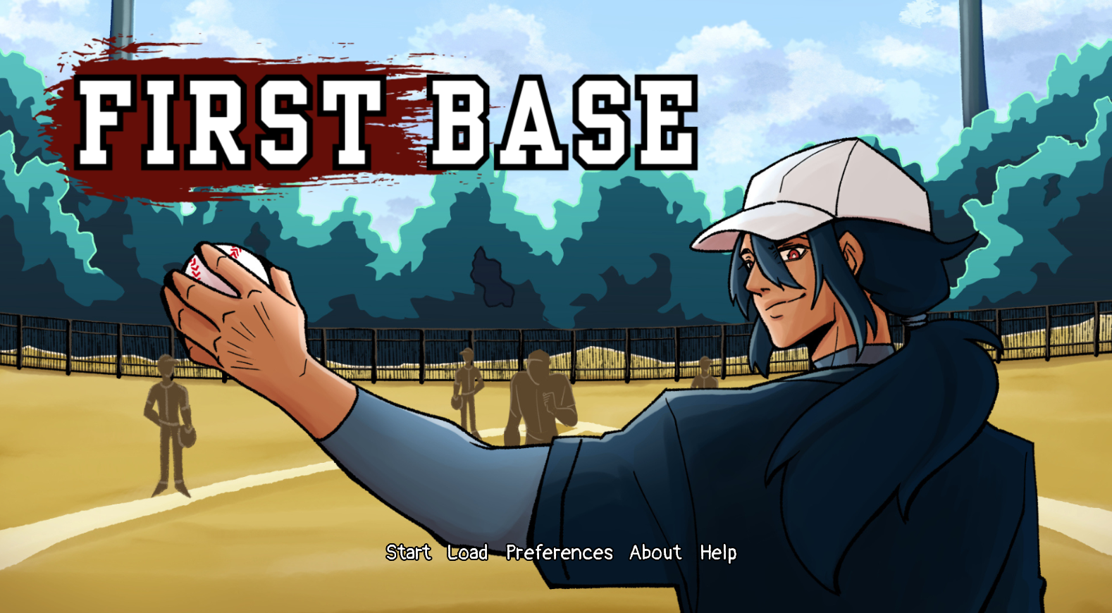 First Base visual novel screenshot on the baseball field