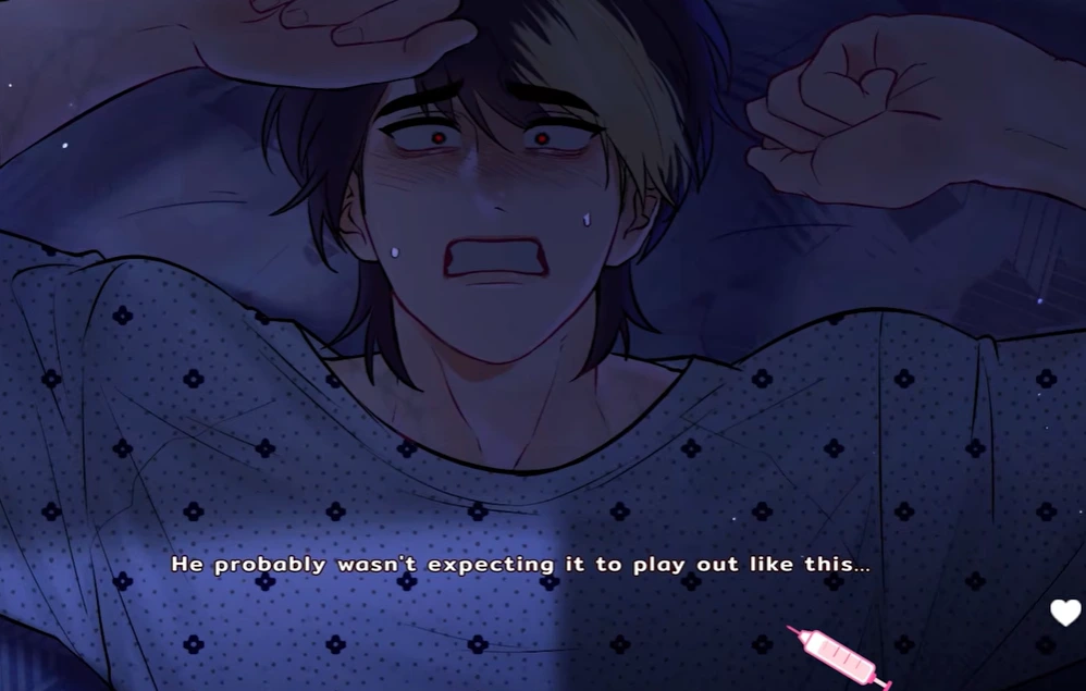 Frightened character lying in dim blue light with raised arms and a pink syringe-shaped interface icon