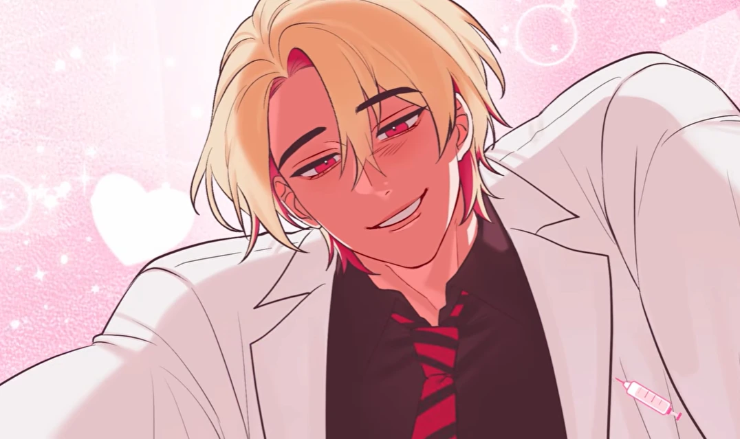 Adrian smiling in a white coat and striped red tie against a pink heart background