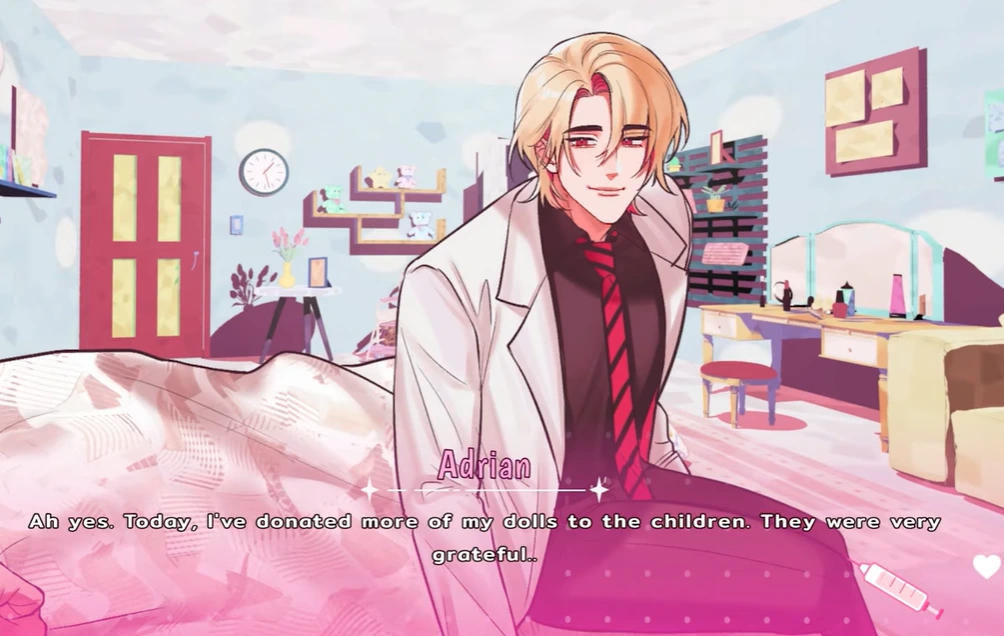 Adrian seated beside a bed in a pastel bedroom while dialogue mentions donating dolls to children