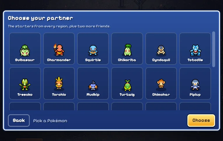 Starting partner selection in the local Pokemon Survivor game