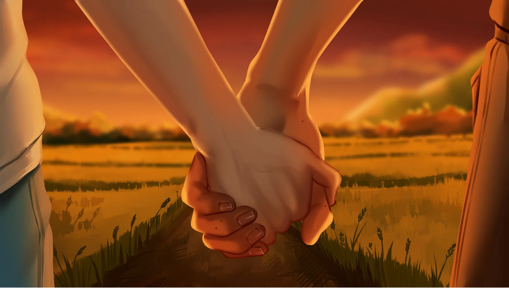 The False Sun screenshot showing two characters holding hands in a bright field while the farm atmosphere grows uncertain
