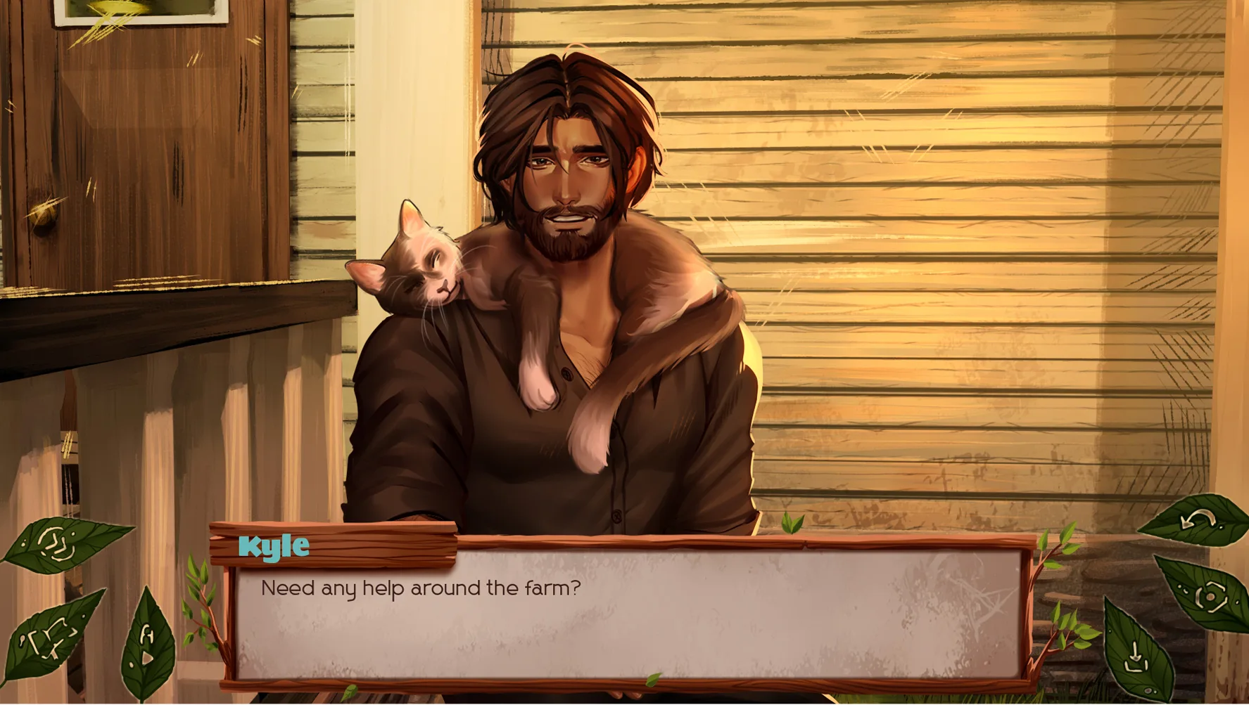 The False Sun screenshot showing Kyle in a farmhouse dialogue scene with calm surface tension and slow-burn horror mood